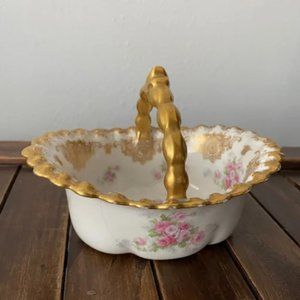 Antique Limoges Hand Painted White Gold Handle Basket Floral Flower Print EUC